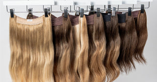 Flat lay of Halo Extensions on hangers with text that reads The Revolutionary Original Halo