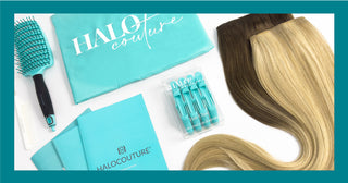 Hair extension kit with hair samples, clips, and a hair extension brush.